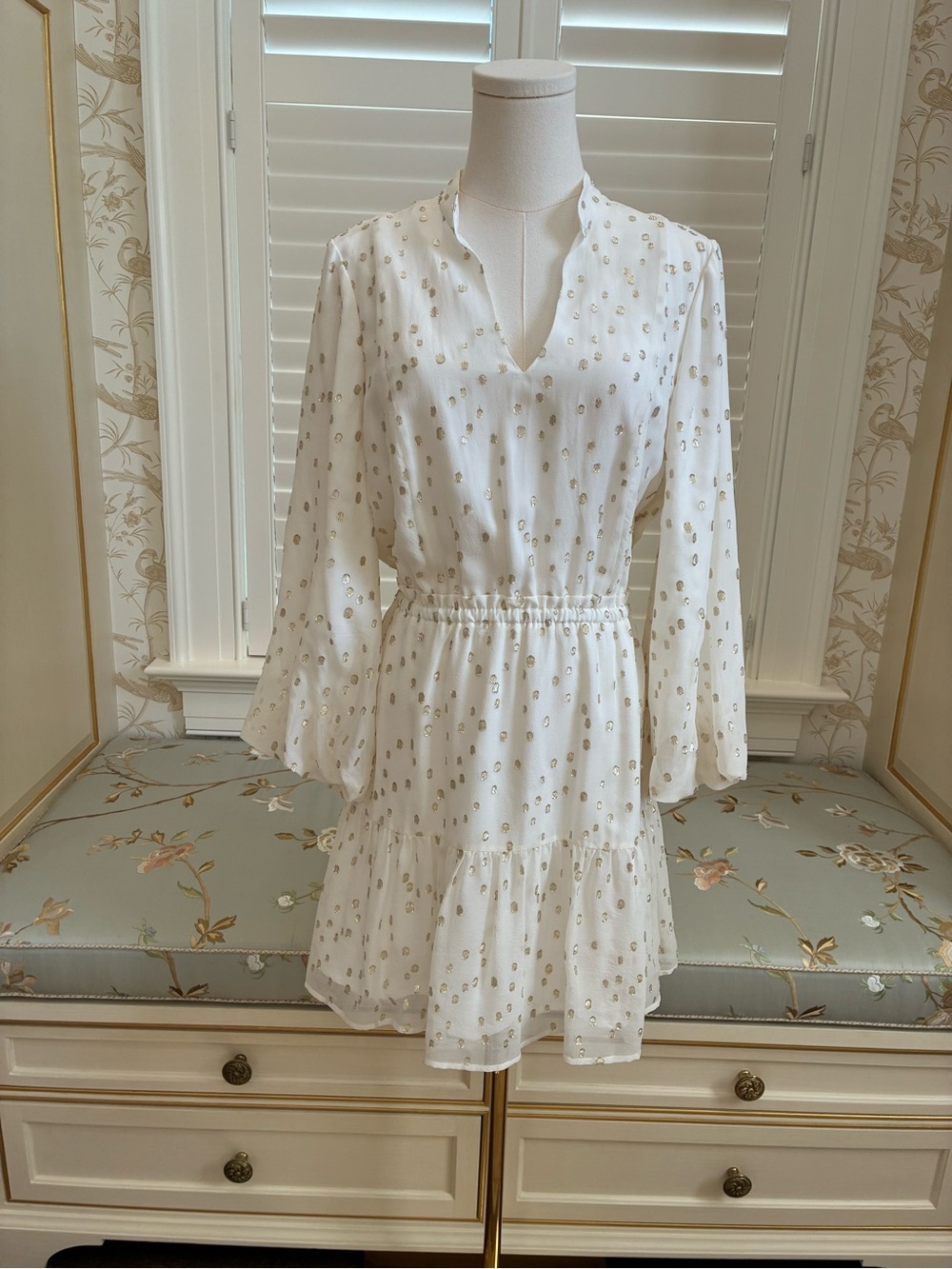 Lilly Pulitzer Joella Silk White V-Neck Dress with Gold Dot Print